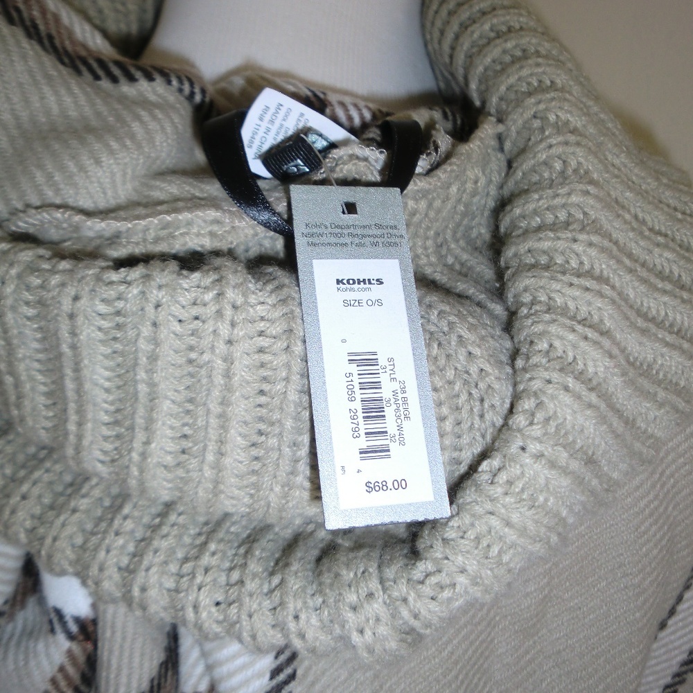NWT Tan Black White Tartan Plaid Cowl Cape Poncho Cardigan Fringe OS - Picture 3 of 4